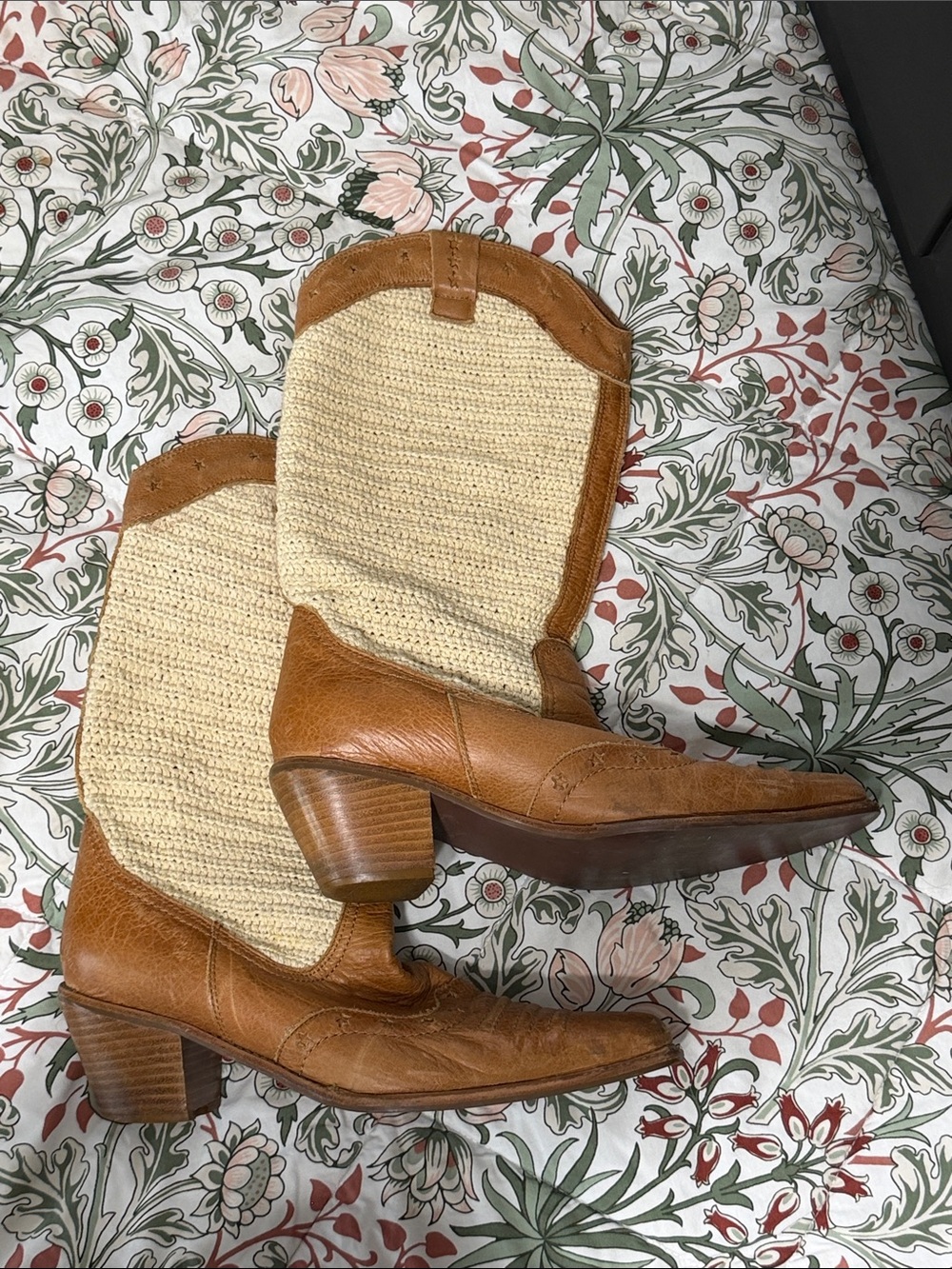 Women's Tan Leather and Cream Woven Western Ankle Booties